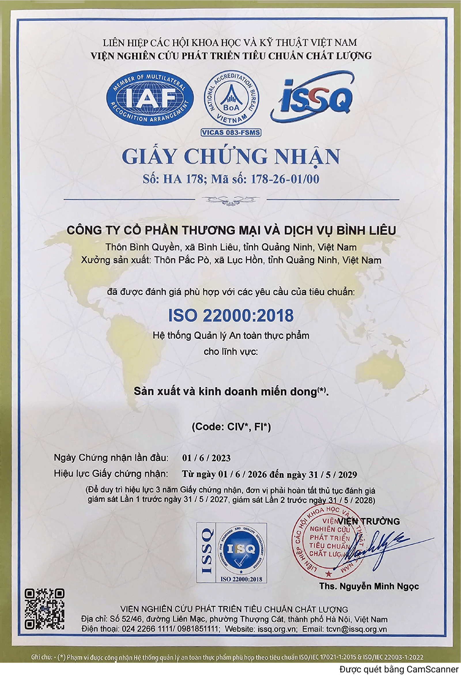 Chứng chỉ ISO 22000