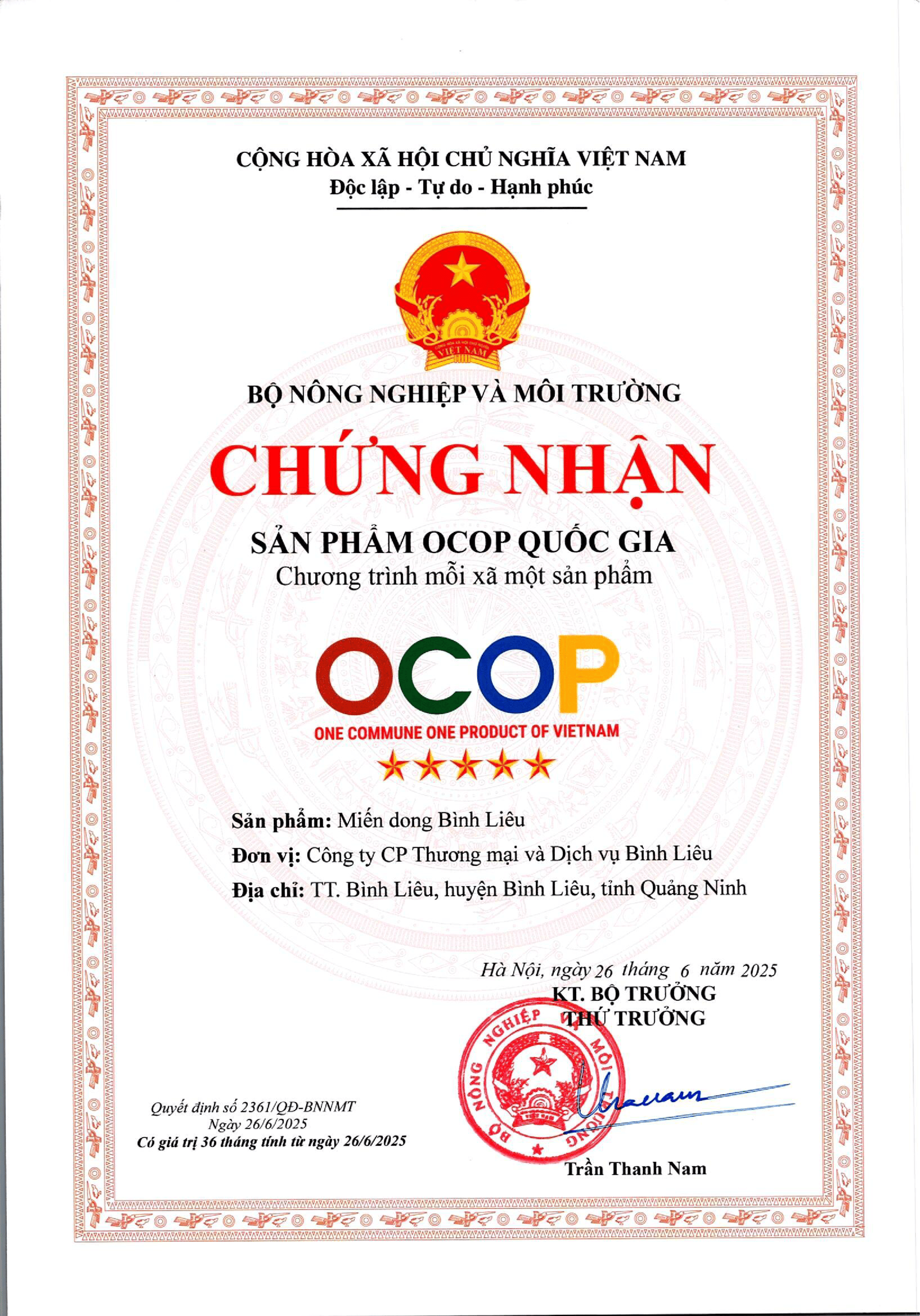 Chứng chỉ OCOP
