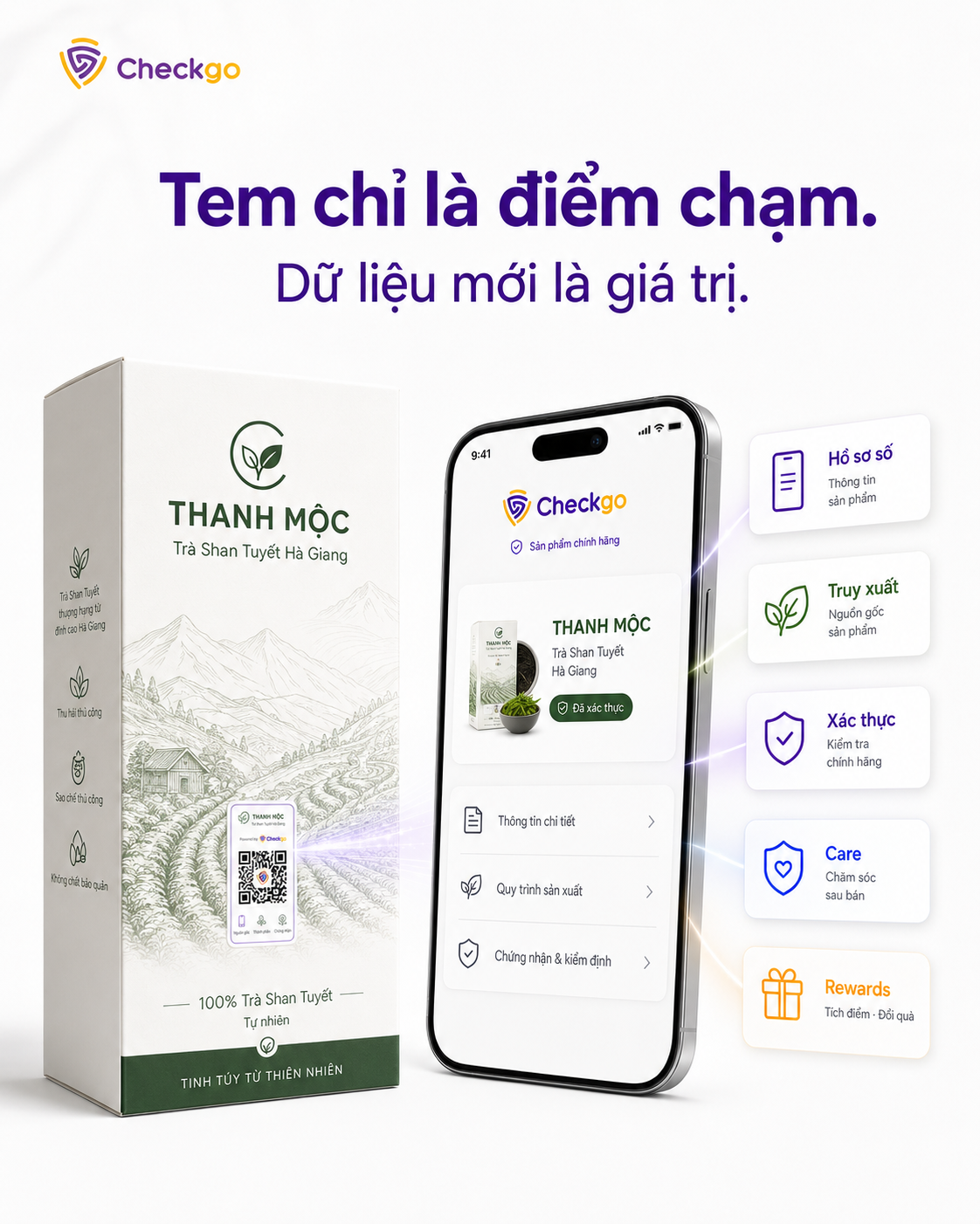 Các loại tem nhãn thông minh Checkgo gồm tem thông tin, truy xuất nguồn gốc, xác thực, Care và Rewards